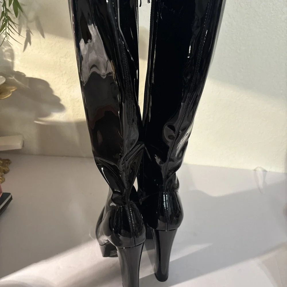 Allegra K Black Patent Over-The-Knee Platform Boots